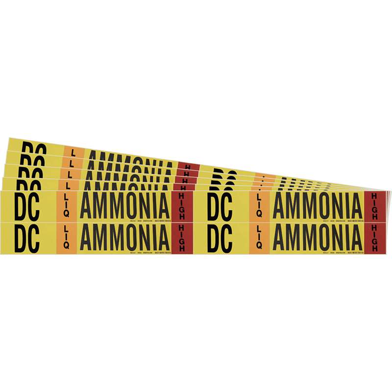 AMMONIA DC LIQ HIGH Pipe Marker Style 4 BK, OR, RD on YL 4 per Card, 5 PK